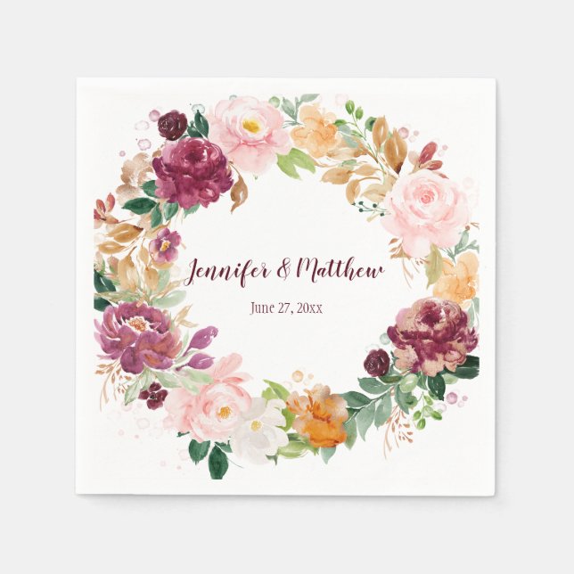 Serviette En Papier Bourgogne Mauve Blush Saffron Jaune Fleurit Rustiq (Devant)