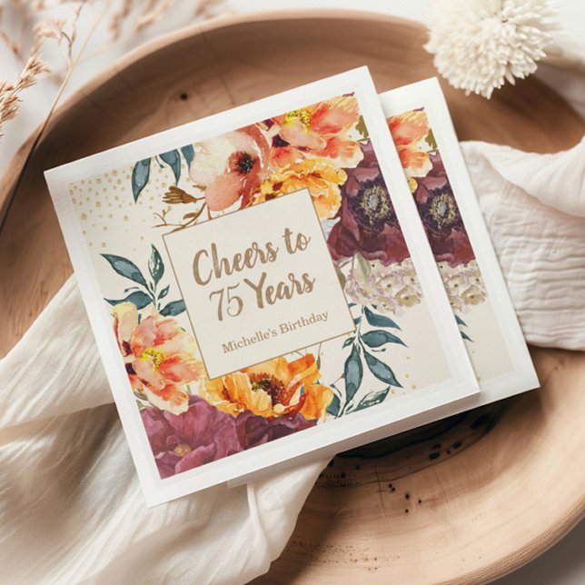 Serviette En Papier Bourgogne Orange Floral Or 75 Ans (Cheers to 75 Years paper napkins)