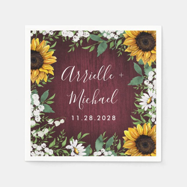 Serviette En Papier Bourgogne Rouge Tournesol vert Mariage de couronne (Devant)