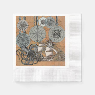 Serviette En Papier Boussole Rose Vintage Nautique Octopus Ship