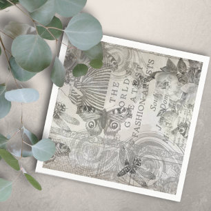 Serviette En Papier Bouton Botanique Vintag Script noir et blanc