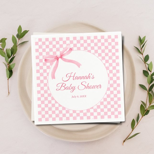 Serviette En Papier Bow rose moderne À damiers Baby shower serviettes (Modern Coquette Gingham Checkered Baby Shower Napkins)