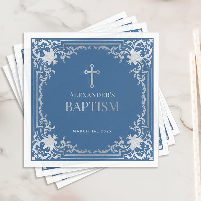 Serviette En Papier Boy Baptism Classic Elegant Bleu Faux Argent Foil (Créateur téléchargé)