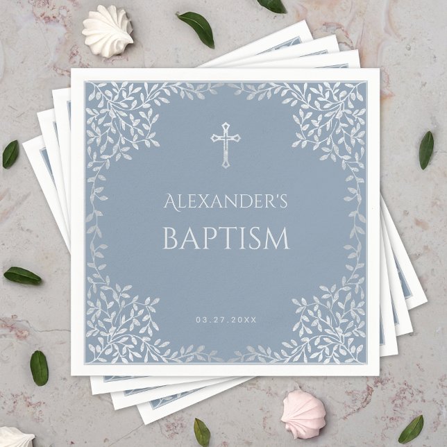 Serviette En Papier Boy Baptism Dusty Blue Faux Argent Feuilles Élégan (Créateur téléchargé)