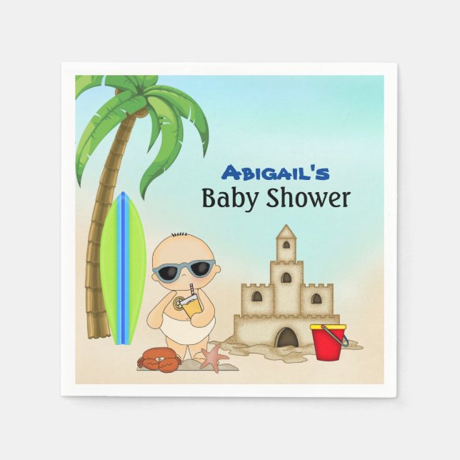 Serviette En Papier Boy Beach Baby Sandcastle in Surfboard Baby shower (Devant)