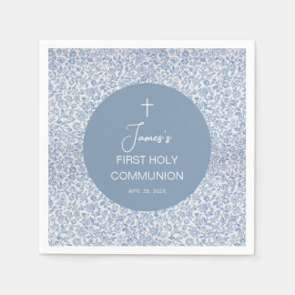 Serviette En Papier Boy First Communion Blue and White Floral Pattern