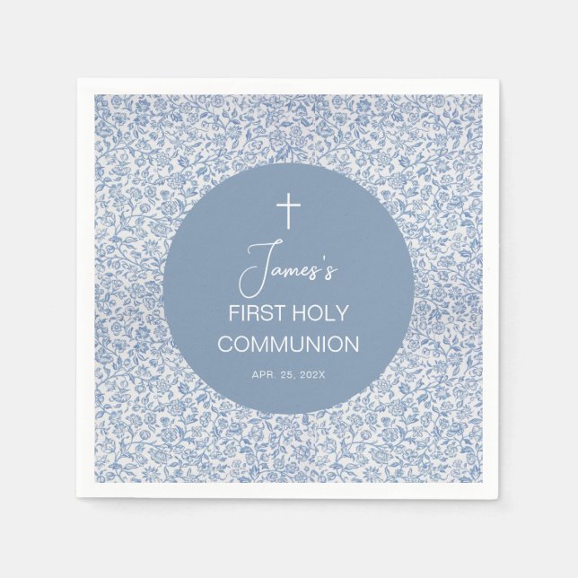 Serviette En Papier Boy First Communion Blue and White Floral Pattern (Devant)