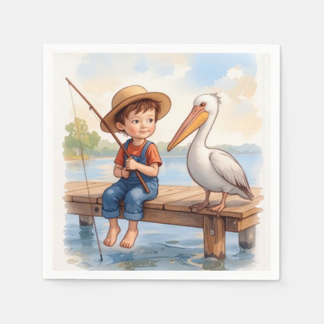 Serviette En Papier Boy Fishing On a Dock With a Pelican (Devant)