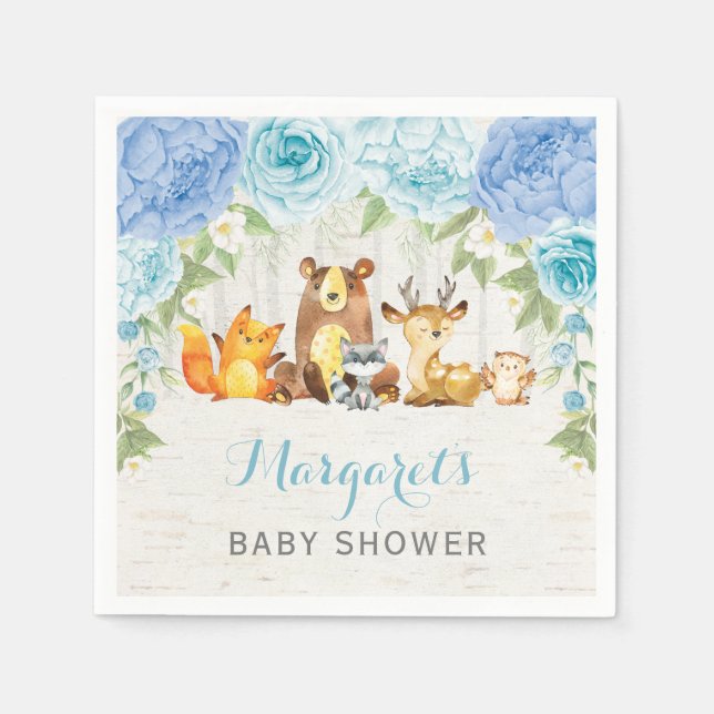 Serviette En Papier Boy Woodland Animaux Dusty Blue Floral Baby shower (Devant)