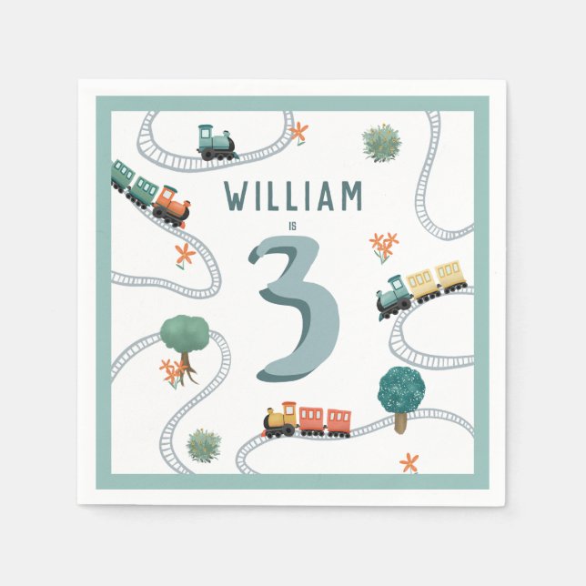 Serviette En Papier Boys Cute Blue Train Tracks Anniversaire de enfant (Devant)