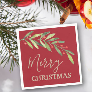 Serviette En Papier Branche et baies Joyeux Noël Rouge