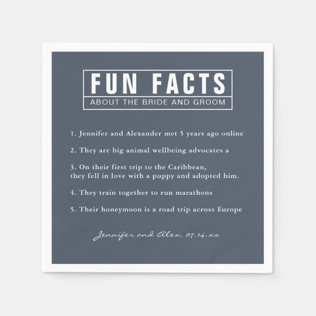 Serviette En Papier Bride et Groom Fun Facts Smoky Navy Blue Paper (Devant)