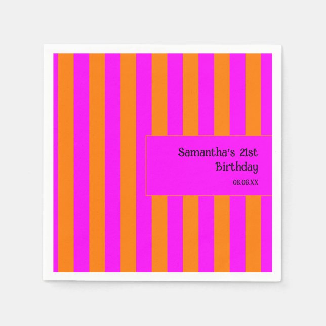 Serviette En Papier Bright Orange Hot Pink Stripe 21e anniversaire (Devant)