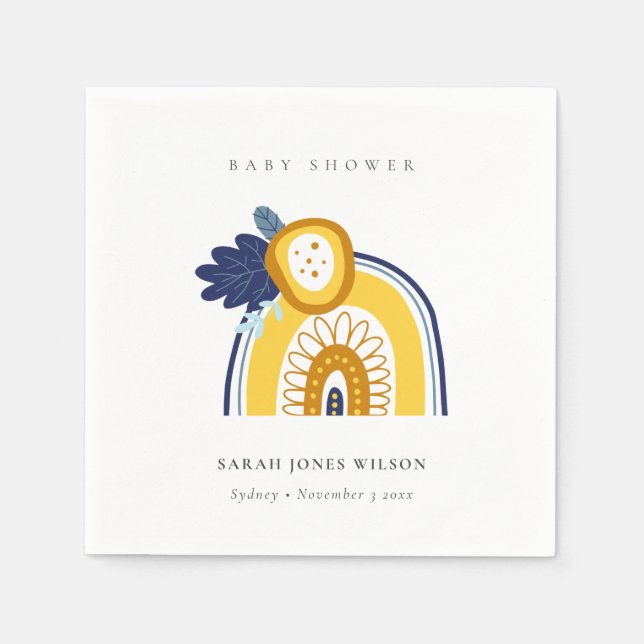 Serviette En Papier Bright Yellow Navy Boho Floral Rainbow Baby shower (Devant)