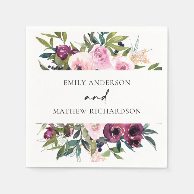 SERVIETTE EN PAPIER BRILLANT BOHO BLUSH BURGUNDY FLORAL BUNCH MARIAGE (Devant)