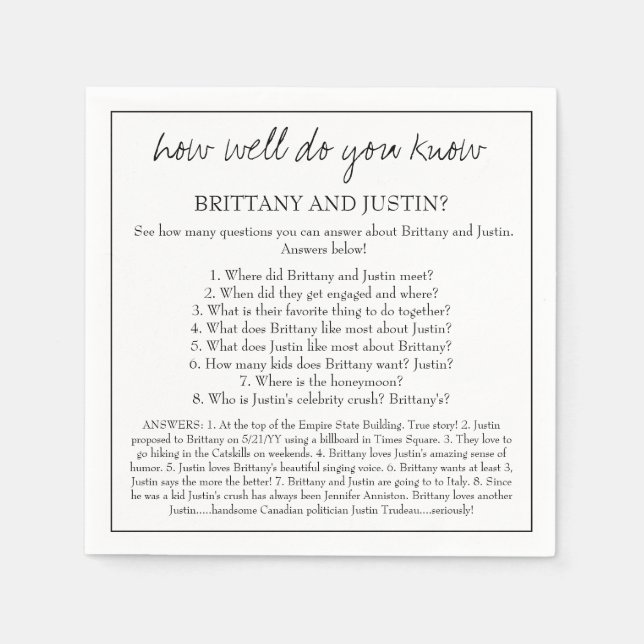 Serviette En Papier Brittany Que Savez-Vous Amusant Mariage Réception (Devant)