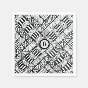 Serviette En Papier Brochette de monogramme & motif gribouillé noir et