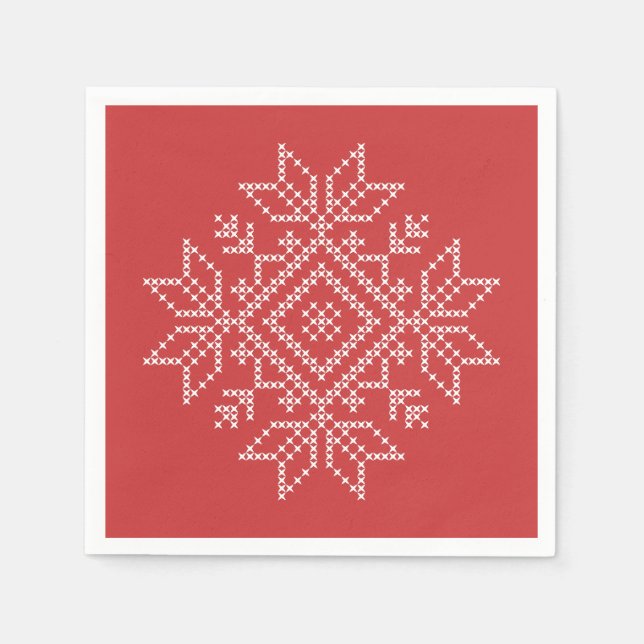 Serviette En Papier Broderie de Noël rouge flocon de neige art saisonn (Devant)