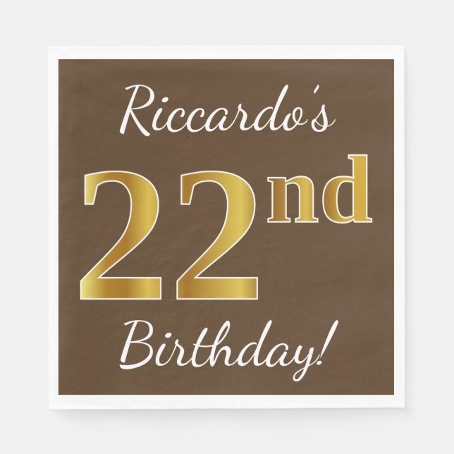 Serviette En Papier Brown, Faux Gold 22e anniversaire + Nom personnali (Devant)