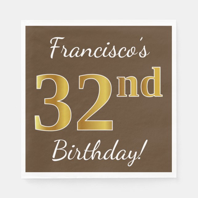 Serviette En Papier Brown, Faux Gold 32e anniversaire + Nom personnali (Devant)