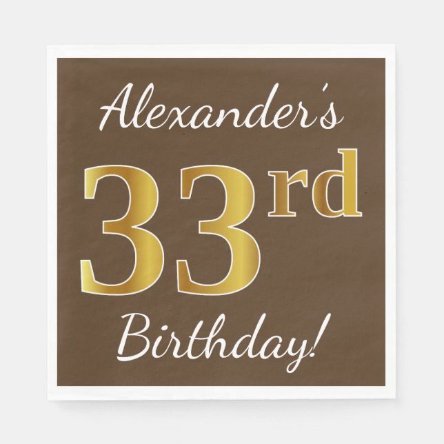Serviette En Papier Brown, Faux Gold 33ème anniversaire + Nom personna (Devant)