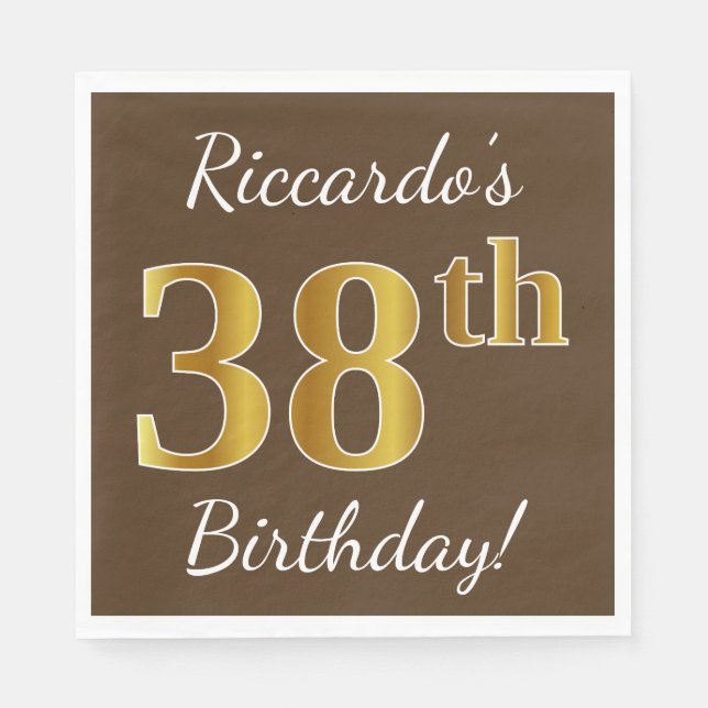Serviette En Papier Brown, Faux Gold 38e anniversaire + Nom personnali (Devant)