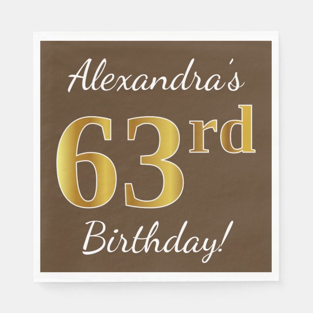 Serviette En Papier Brown, Faux Gold 63ème anniversaire + Nom personna (Devant)