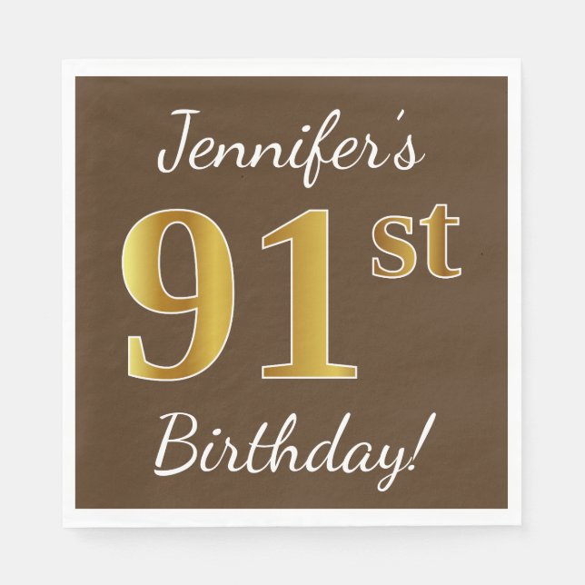 Serviette En Papier Brown, Faux Gold 91ème anniversaire + Nom personna (Devant)