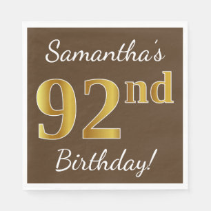 Serviette En Papier Brown, Faux Gold 92e anniversaire + Nom personnali