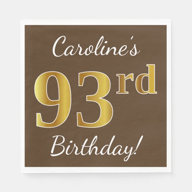 Serviette En Papier Brown, Faux Gold 93ème anniversaire + Nom personna (Devant)