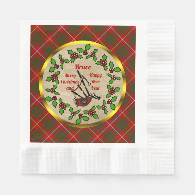 Serviette En Papier Bruce Tartan Bagpipes avec Holly Christmas (Devant)