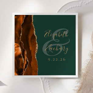Serviette En Papier Brûlé Orange Agate Or Dark Green Mariage