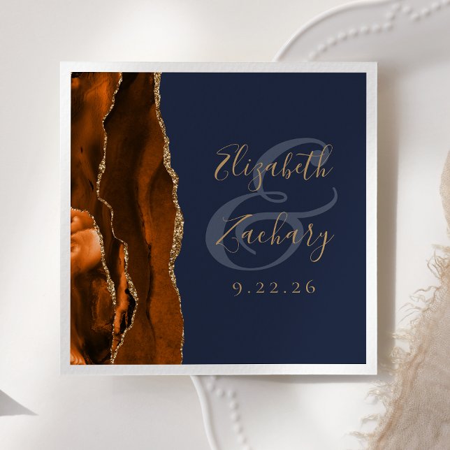 Serviette En Papier Brûlé Orange Agate Or Mariage bleu marine (Créateur téléchargé)