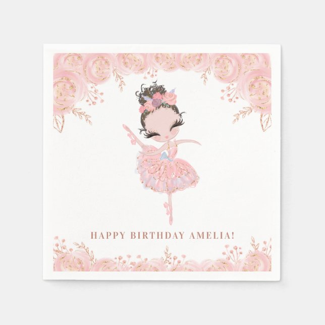 Serviette En Papier Brunette Ballerina en Robe Rose Anniversaire Flora (Devant)