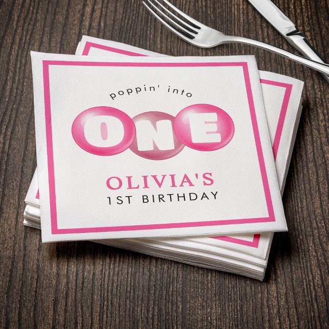 Serviette En Papier Bubblegum Pink Poppin Fille 1er fête d'anniversair (Bubblegum Pink Poppin Girl 1st Birthday Party Napkins
)