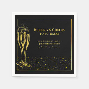 Serviette En Papier Bubbles and Cheers Black Gold 50e fête d'anniversa