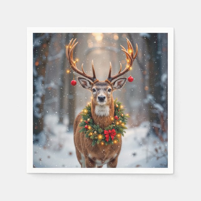 Serviette En Papier Buck In Snowflakes Wearing a Holiday Wreath (Devant)