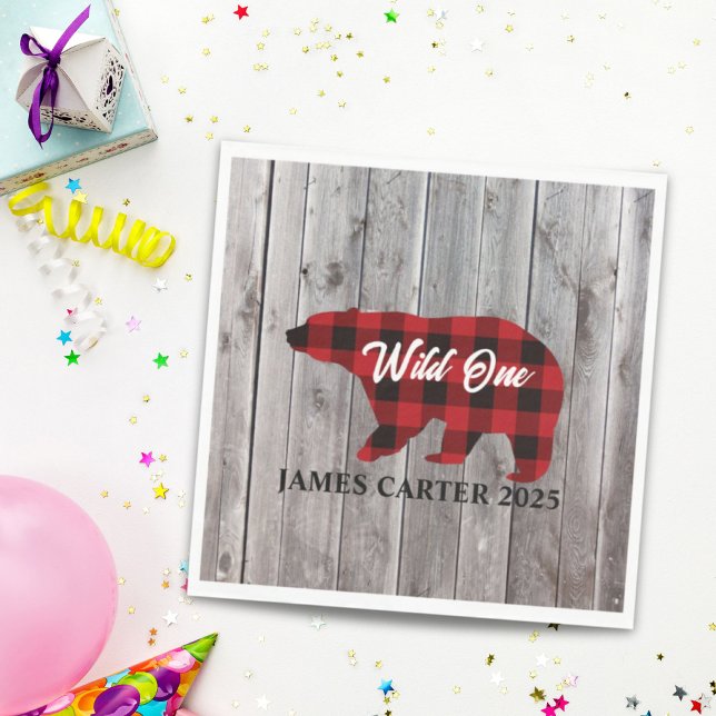 Serviette En Papier Buffalo Plaid Bear Wild One Boy 1ère fête d'annive (Buffalo Plaid Bear Wild One Boy 1st Birthday Party Napkins)