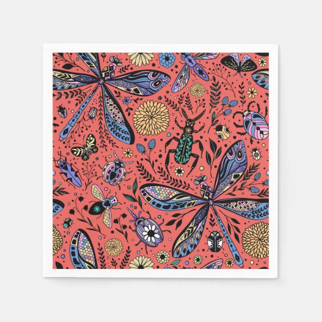 Serviette En Papier Bugs de Doodle sur corail rouge (Devant)