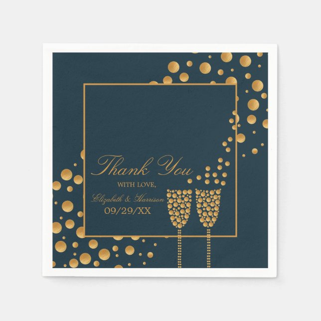 Serviette En Papier Bulles de Champagne d'or - Bleu & Or - Mariage (Devant)