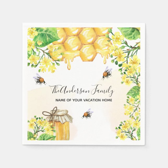 Serviette En Papier Bumble abeilles miel florales jaunes famille monog (Devant)