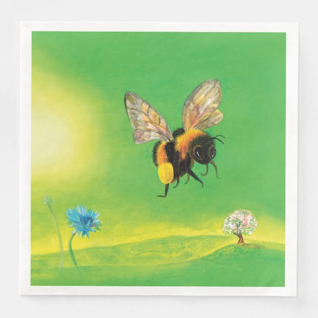 Serviette En Papier Bumble Bee survolant une prairie fleurie (Devant)