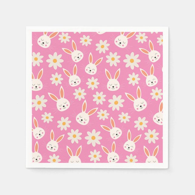Serviette En Papier Bunnies de Pâques avec Fleurs blanches sur rose (Devant)