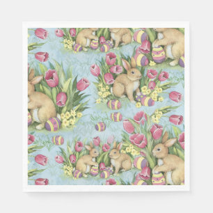 Serviette En Papier Bunnies de Pâques dans le jardin avec tulipes 2 ta