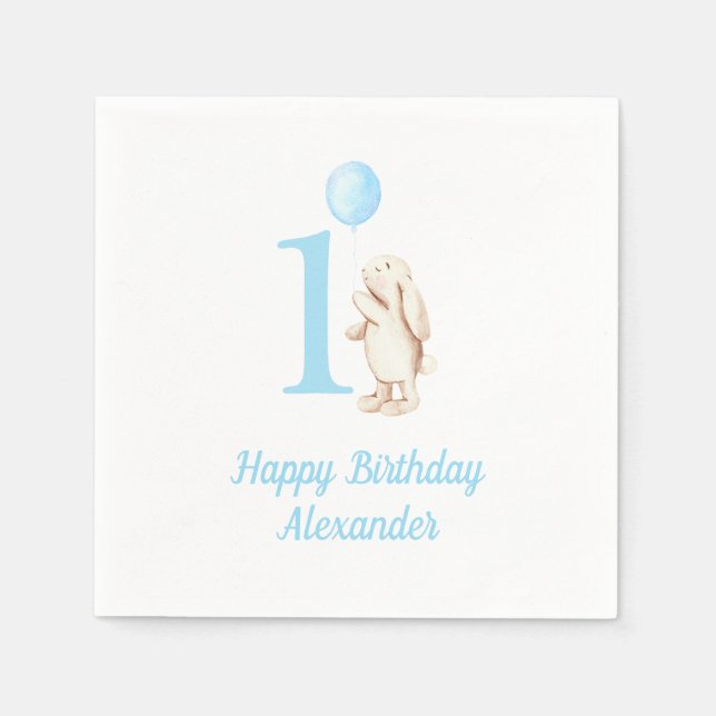 Serviette En Papier Bunny & Balloon Bleu 1er anniversaire (Devant)