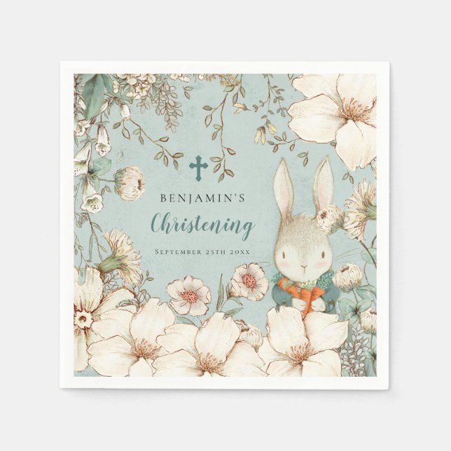 Serviette En Papier Bunny Foliage Christening Baptême Nom Poudre Bleu (Devant)