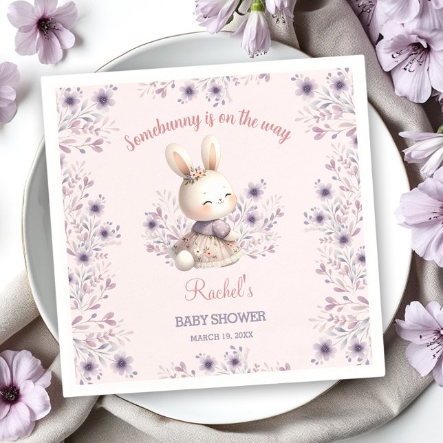 Serviette En Papier Bunny Pink Purple Floral Spring Baby shower (Bunny Pink Purple Floral Spring Girl Baby Shower Napkins)