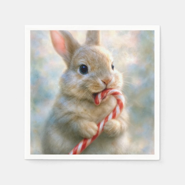 Serviette En Papier Bunny Rabbit Nibbling On a Candy Cane (Devant)