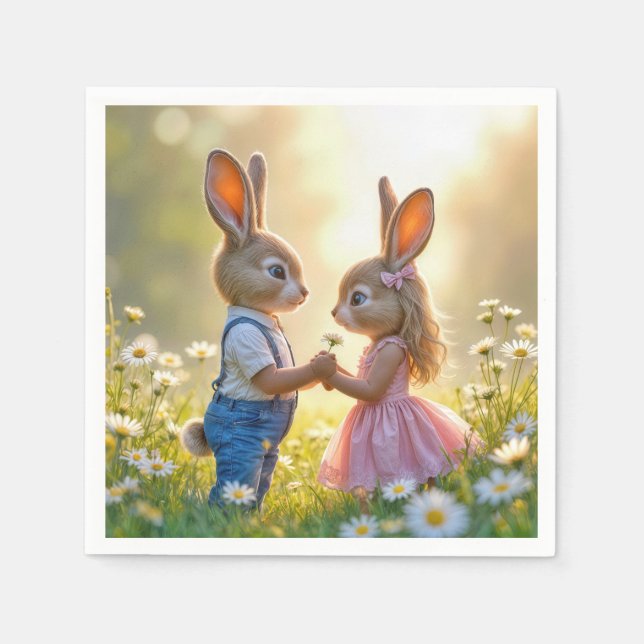 Serviette En Papier Bunny Romance dans un champ de marguerite (Devant)
