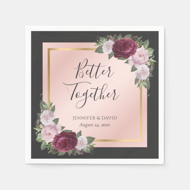 Serviette En Papier Burgundy Black Gold Blush Floral Mariage (Devant)